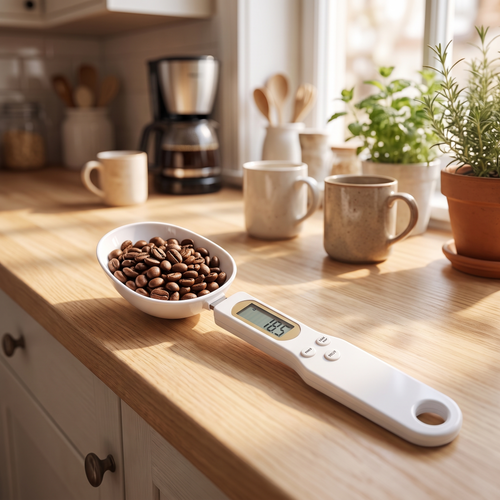 PrecisionScoop™ digital measuring scoop filled with coffee beans on a kitchen counter